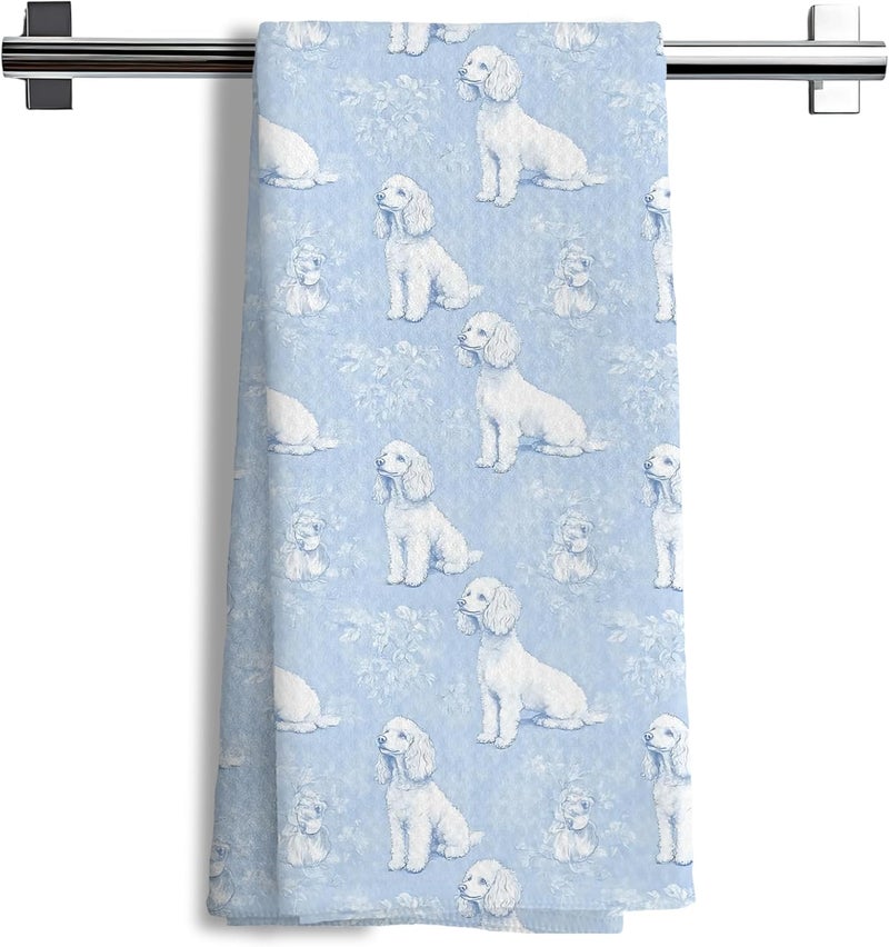 Nipil Blue Chinoiserie Poodle Decor Kitchen Towels, Blue and White Botanical Grandmillennial Dog Decorative Dish Tea Towels,Poodle Gifts for Kitchen Bathroom Decor, 16x24 Inch - Image 1